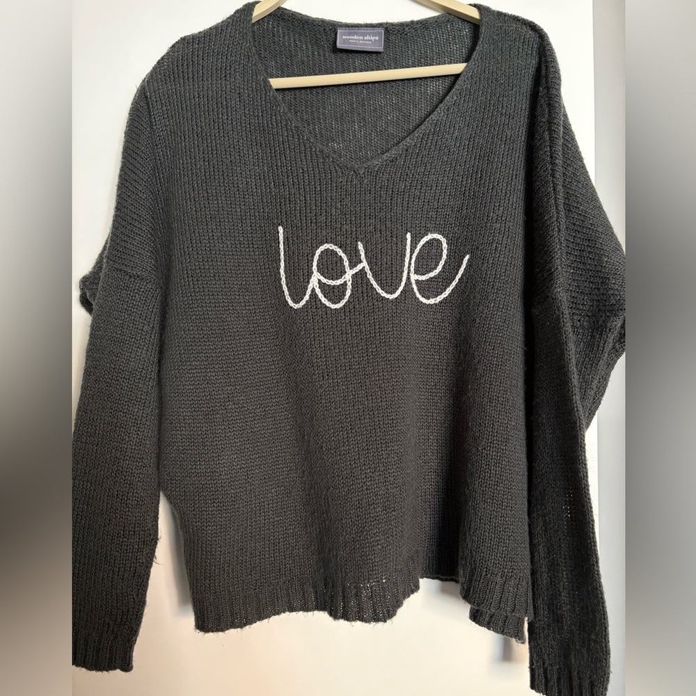 Wooden Ships Charcoal V-Neck Sweater with 'Love' Embroidery